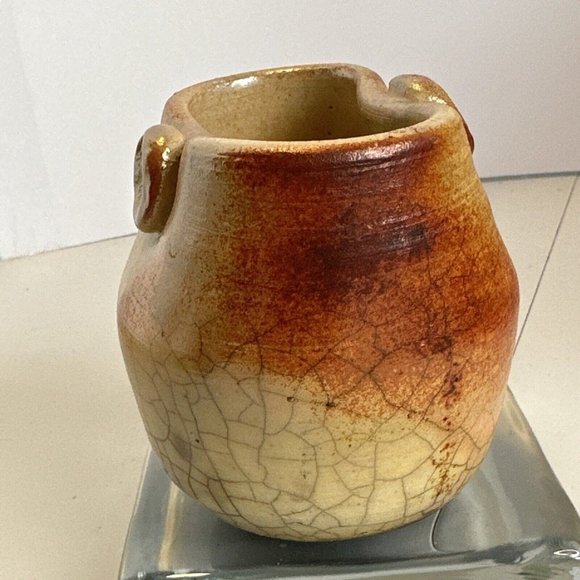 Raku Stoneware Pottery Pot Vase Signed Teri ? Orange/Copper Lava Type Glaze 3.7” - Picture 2 of 15